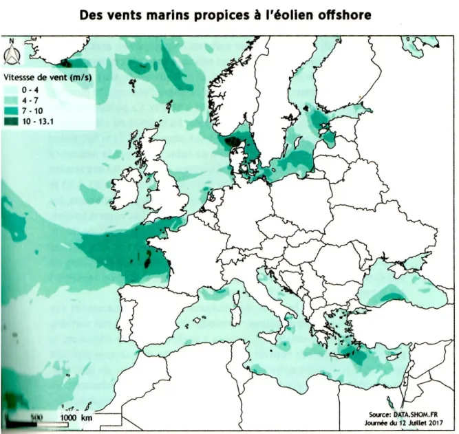 Figure 21 : la force du vent en Europe et en Afrique du Nord en mer. On aperçoit que les trois façades  maritimes de la France sont plutôt bien exposées