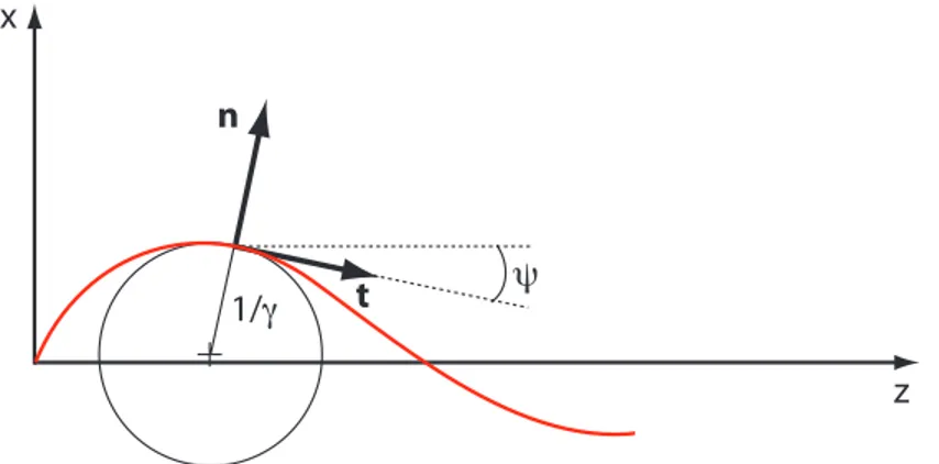 Fig. 2.2: Repère local. Définition des vecteurs tangent (t), normal (n), et de l’angle local ψ(s)