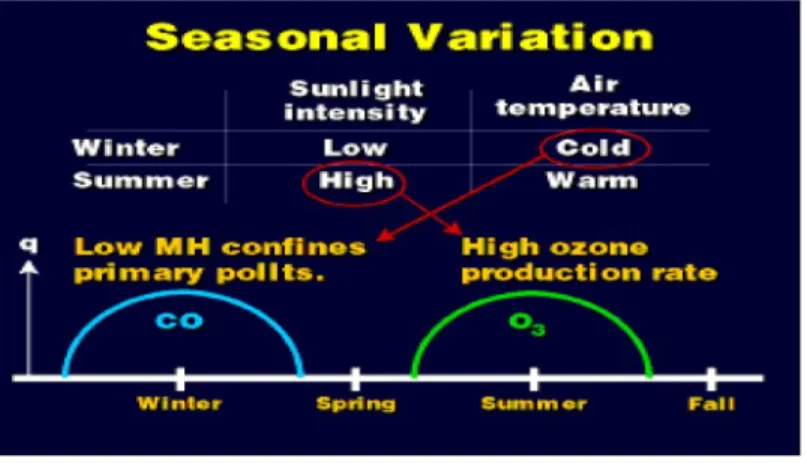 Figure 2.5  Schematic representation of the seasonal variation of ozone and a primary pollutant (CO).