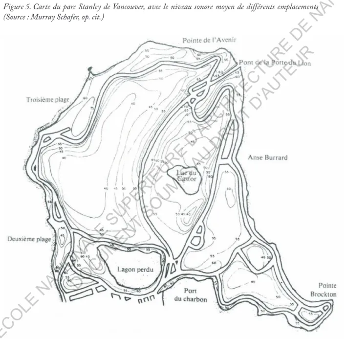 Figure 5. Carte du parc Stanley de Vancouver, avec le niveau sonore moyen de différents emplacements  (Source : Murray Schafer, op