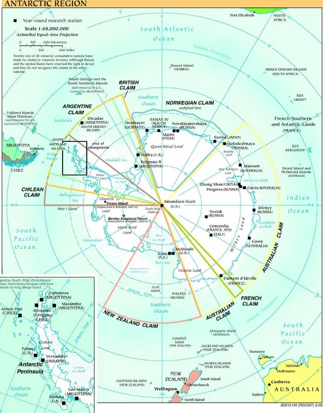 Figure 1.3: Political map of Antarctica and year-round research stations (2005). Reproduced from [13].