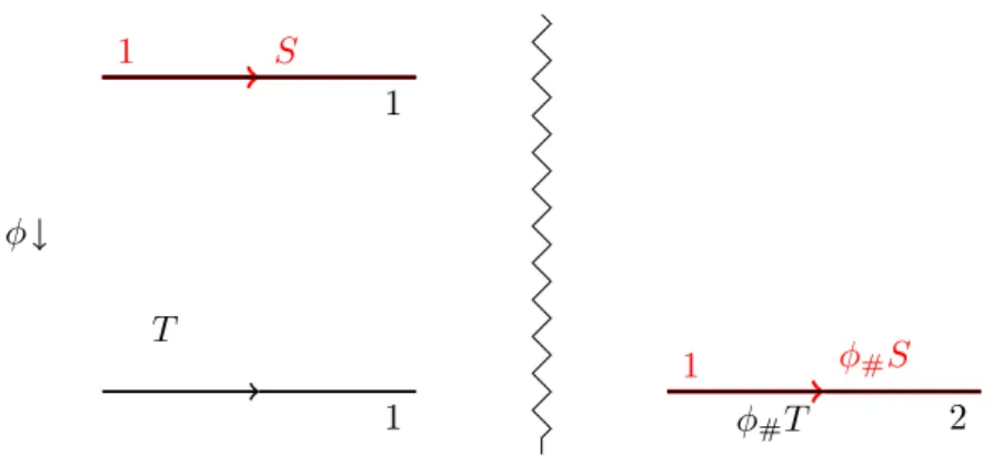 Figure 3.1: S is a subcurrent of T but φ # S is not a subcurrent of φ # T .