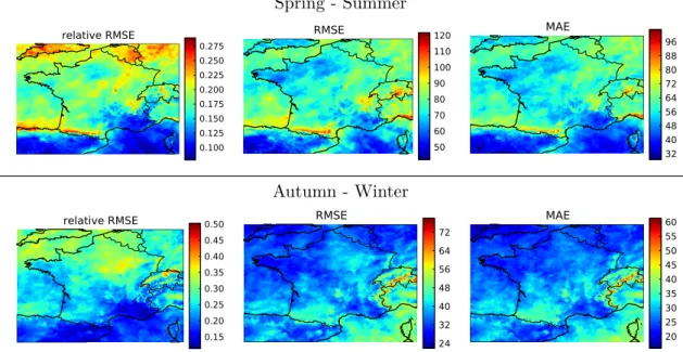 Figure 2.7 – Maps of statistical scores for the typical aggregated forecast (unitless for rRMSE, in W m −2 for MAE and RMSE).