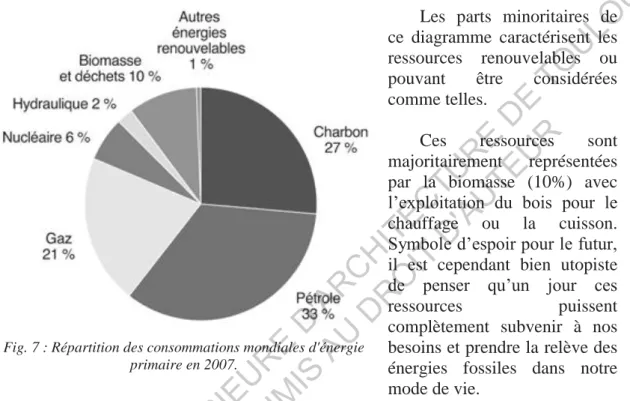 Fig. 7 : Répartition des consommations mondiales d'énergie  primaire en 2007. 