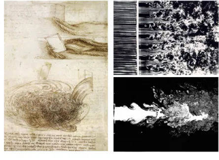 Figure 3.1: À gauche : Étude sur les turbulences par Léonard de Vinci. À droite : Turbulence générée en aval d'une grille (en haut) et jet axi-symétrique (en bas).