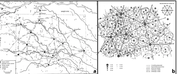 Figure 1.4 – Application de la théorie des lieux centraux à des cas historiques d’organisation spatiale de systèmes de peuplement : a