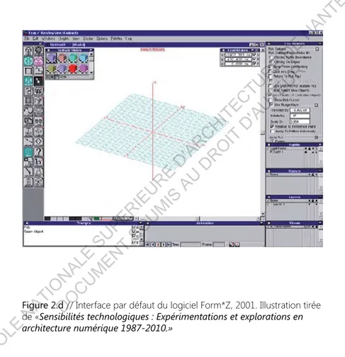 Figure 2.d // Interface par défaut du logiciel Form*Z, 2001. Illustration tirée  de «Sensibilités technologiques : Expérimentations et explorations en 