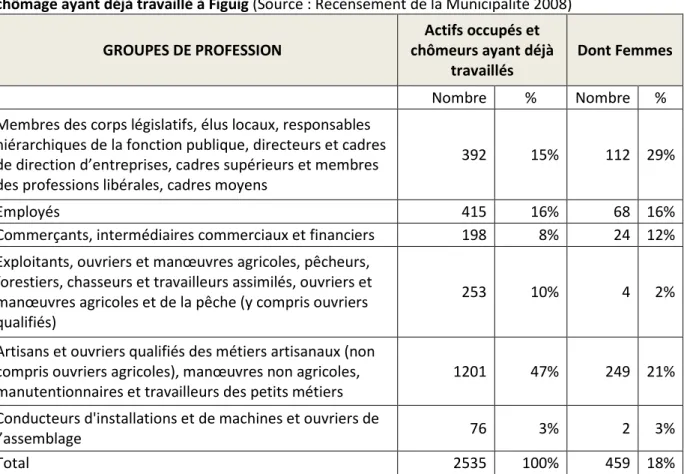 Tableau 2 : Répartition par groupes de professions et par genre de la population occupée ou au  chômage ayant déjà travaillé à Figuig (Source : Recensement de la Municipalité 2008)