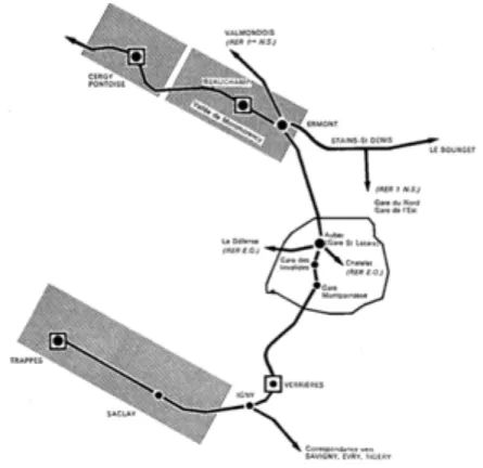 Figure 17 - Le Plateau de Saclay est bel et bien inclus dans le projet de « zone  d’urbanisation nouvelle » autour de Trappes, traversé par une voie ferrée et une  autoroute.