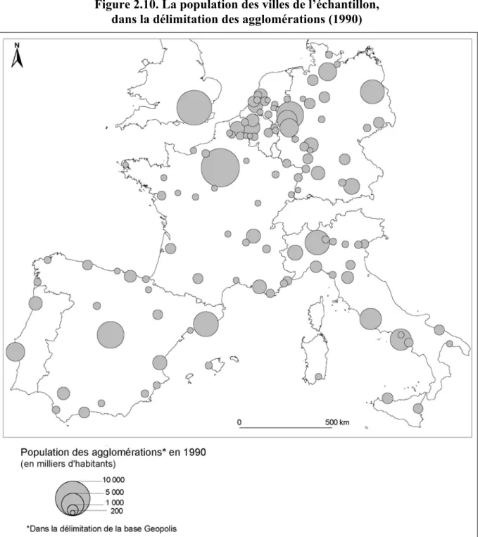 Figure 2.10. La population des villes de l’échantillon,   dans la délimitation des agglomérations (1990) 