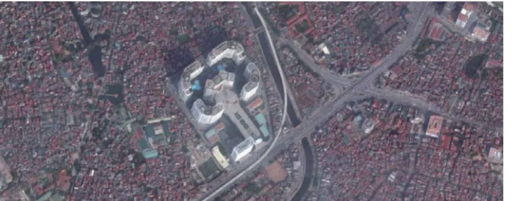 Fig. 17 : Vue aérienne 2016 (Google Earth) de Royal City, rue Nguyen Trai, Hanoï. Source: auteur