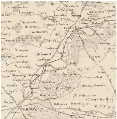 Figure 2-3 | Carte du réseau routier en 1833 aux environs du tronçon Noyon-Compiègne (extrait de Bouchard 1833) 