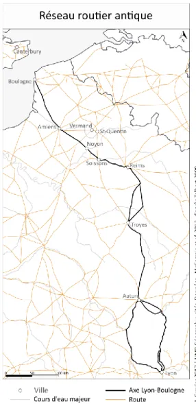 Figure 2-6 | Situation géographique de Noyon au sein du réseau routier antique romain 