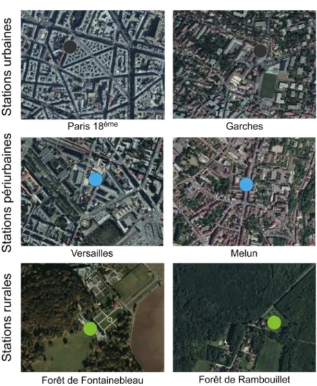 Figure IV.2 : Localisation de deux stations urbaines, deux stations périurbaines et deux stations rurales  sources : Airparif, Géoportail 