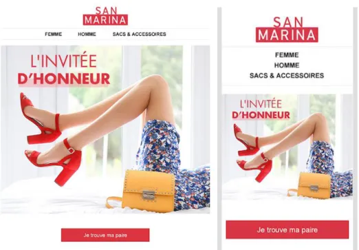 Figure 7. Partie d'une newsletter San Marina, à gauche la version ordinateur, à droite la version  mobile 