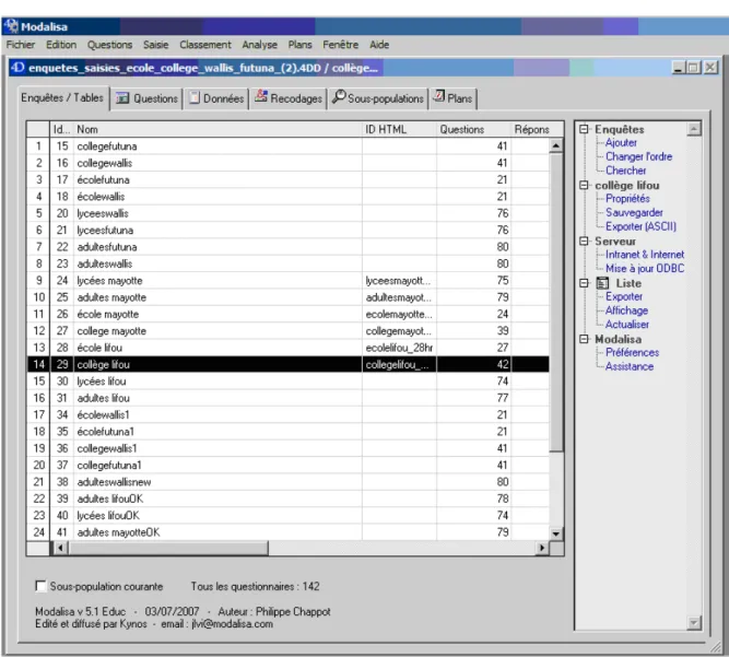 Fig 9 - Capture d’écran Modalisa, liste des enquêtes enregistrées dans le logiciel 