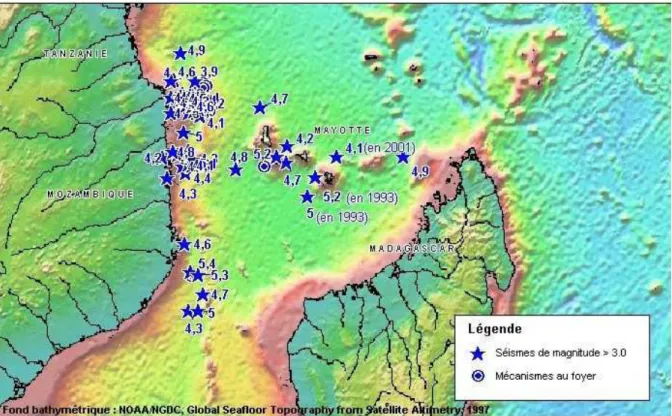 Fig. 19 - Carte de répartition des séismes dans un rayon de 500 km autour de Mayotte entre  1985 et 2002 