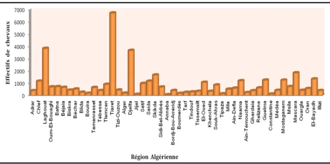 Figure 7. Aire de répartition de l’élevage équin dans le territoire Algérien (Source : ONDEEC  2005).