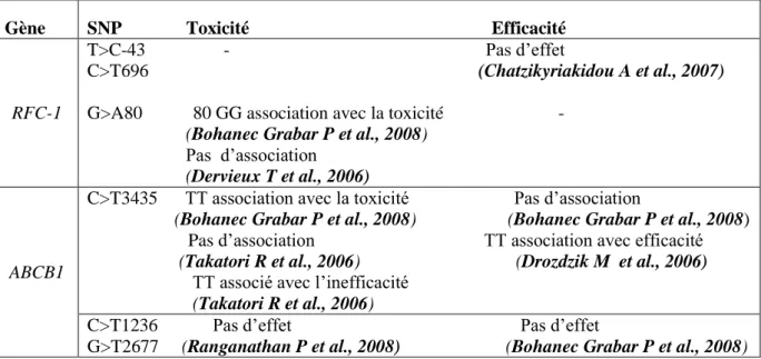 Tableau III : Les différents polymorphismes impliqués dans la pharmacogénétique des  transporteurs du MTX