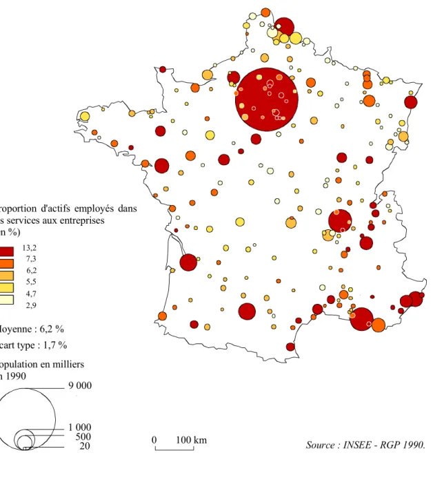 Figure 3.2. - Les services aux entreprises dans l'emploi des unités urbaines de plus  de 20 000 habitants en 1990