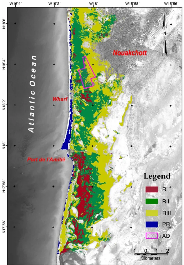 Figure III-4 : Zones exposées au risque d’inondation entre le cordon littoral et Nouakchott.