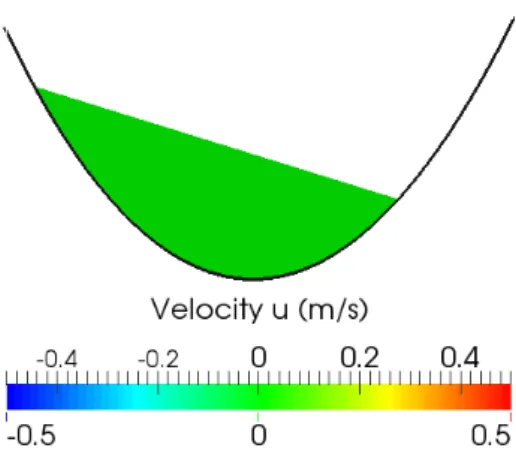 Figure 2.2: Initial conditions for the simulation of the “parabolic bowl” (parabolic bottom, water depth and null horizontal velocity).