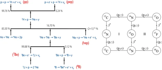 Figure 3.1: pp-chain (with the names associated to the νe) on left panel and CNO cycle approximated to the two main loops on right panel [34]