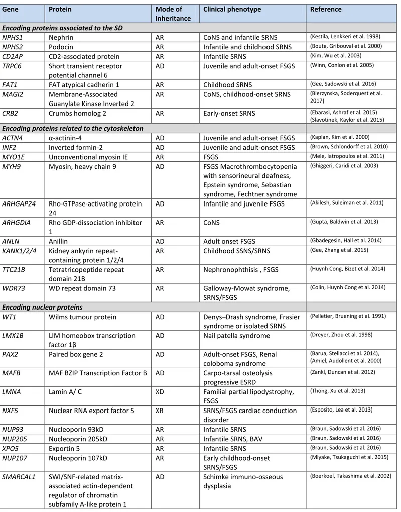 Table 1. Genes implicated in primary GFB defects leading to SRNS 