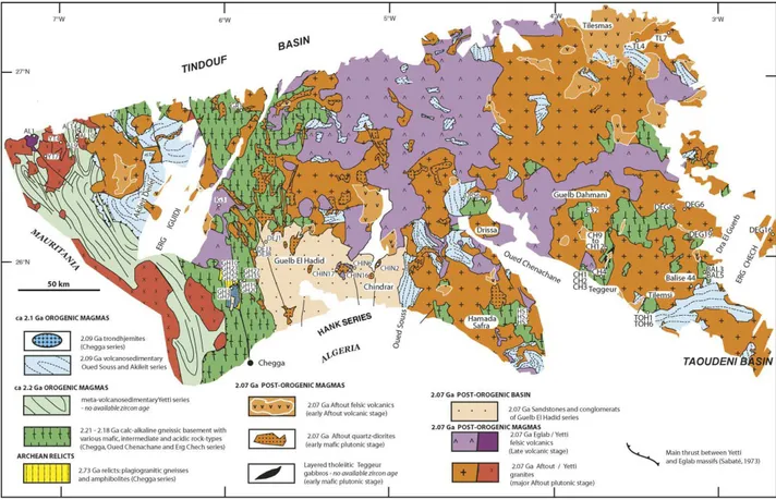 Fig. 2 : Carte géologique des massifs des Eglab et du Yetti Est (in Peucat et al., 2005)
