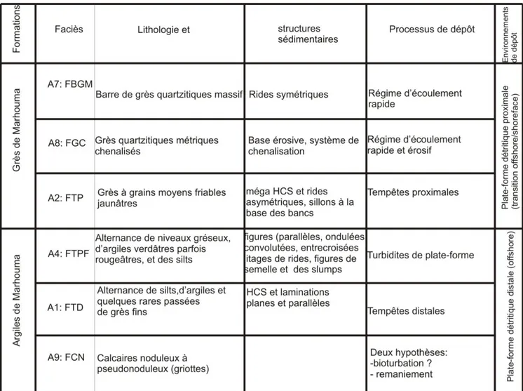 Tableau  3 :  Synthèse  et interprétation de la  lithologie  et  la  de  sédimentologie  des  formations  étudiées  dans le secteur de Ouarourout