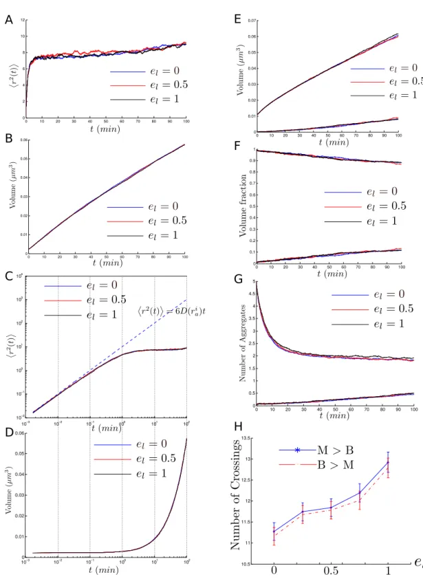 Figure II.10: Dependence on e l . A-D. MSD of one aggregate throughout the single-division