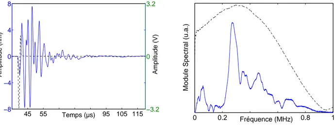 Fig. A-6 – A gauche : Impulsion ´ electrique de fr´ equence centrale 300 kHz appliqu´ ee aux bornes du transducteur v101 (en noir discontinu en Volt), D´ eplacement normal de la surface du transducteur v101 en un point proche du centre (en bleu en nm) / A droite : transform´ ee de Fourier discr` ete du signal d’excitation (noir discontinu) et de r´ eception (bleu continu) en unit´ e arbitraire