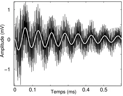 Fig. A-21 – Premi` ere partie de la r´ eponse de la bille soumise ` a une impulsion acoustique de fr´ equence centrale 500 kHz (r´ eponse filtr´ ee en trait continu blanc)