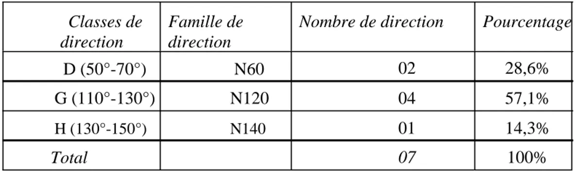 Tableau 7 : état récapitulatif des linéaments répertoriés dans la structure annulaire de Bled  M’Dena 