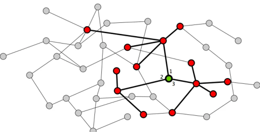 Figure 1-2: In this example, the green node performs its computation based only on the information it gathers from its neighborhood of radius t = 2, i.e