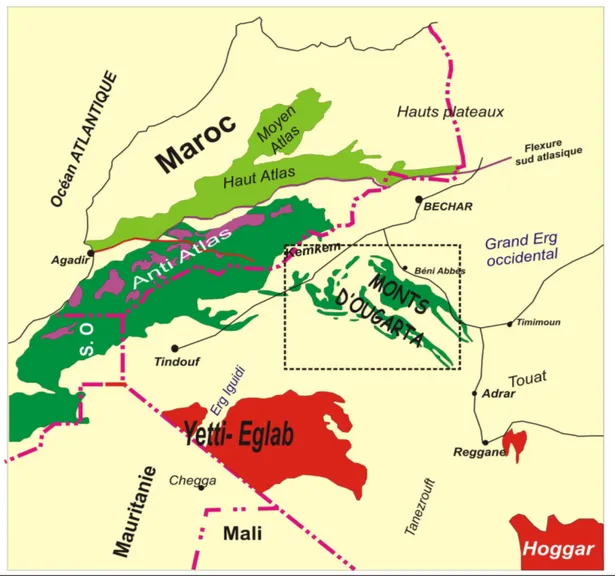 Figure II-1 : Situation géographique des monts de l’Ougarta (Michard, 1976, modifiée)