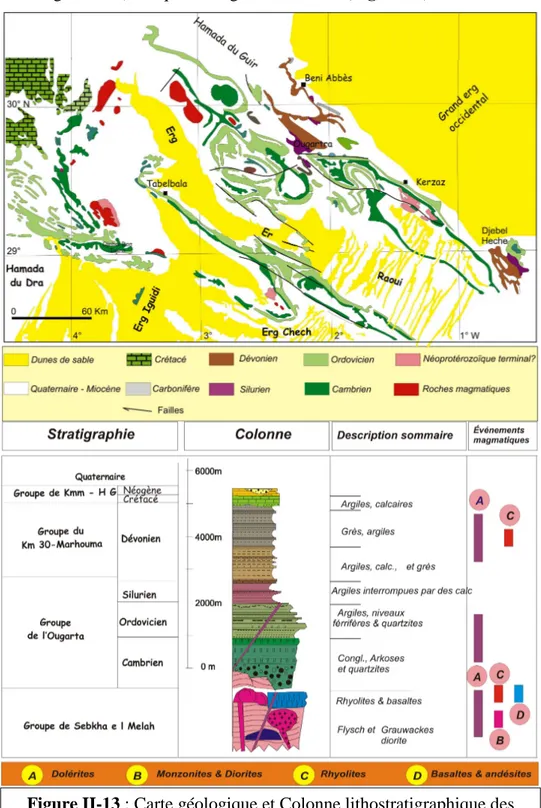 Figure II-13 : Carte géologique et Colonne lithostratigraphique des  monts de l’Ougarta et événements géologiques majeurs
