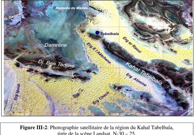 Figure III-2: Photographie satellitaire de la région du Kahal Tabelbala,  tirée de la scène Landsat, N-30 – 25