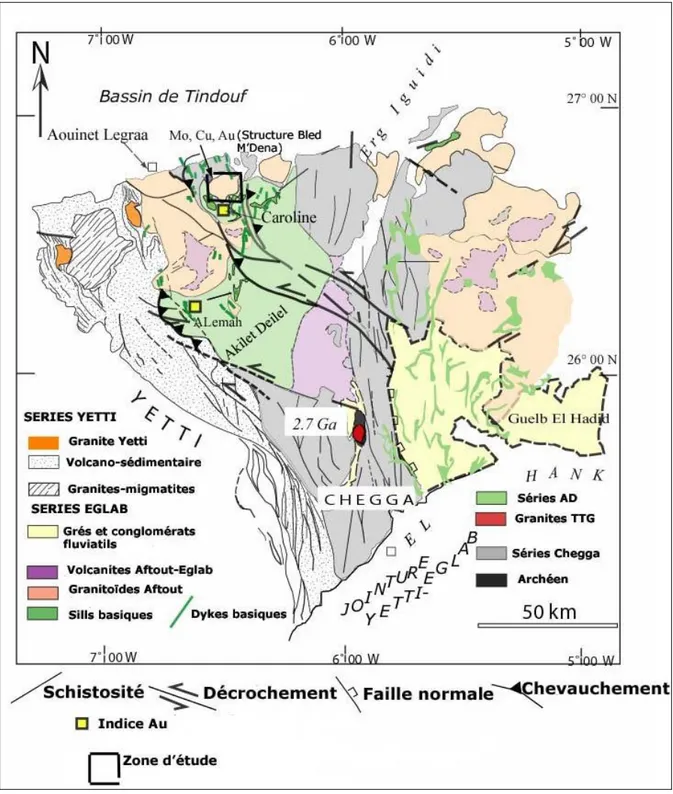 Fig.  3 Schéma géologique et structurale de la zone de jointure Yetti-Eglab 