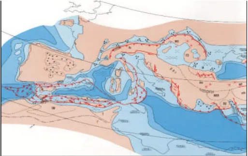 Fig.  13 -Reconstitution  paléogéographique  de  l'histoire  de  la  Méditerranée_10  Ma  (Dercourt  et  al., 1986, In Nocquet, 2002).