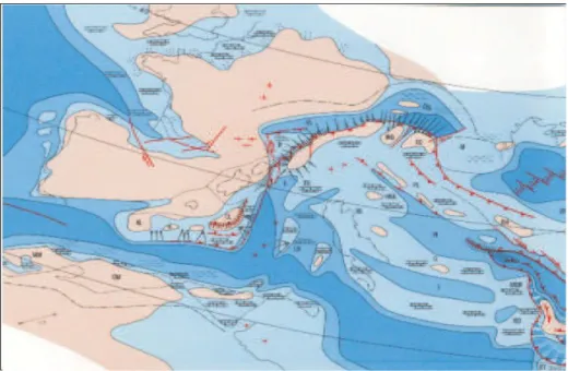 Fig.  8 -Reconstitution  paléogéographique  de  l'histoire  de  la  Méditerranée_65  Ma  (Dercourt  et  al., 1986, In Nocquet, 2002).