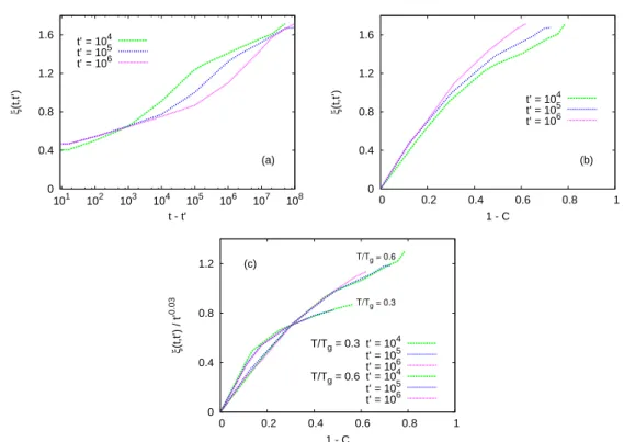 Figure 3.8: Study of the two-time correlation length in the 3d EA model. (a) ξ as a function of time-delay t − t ′