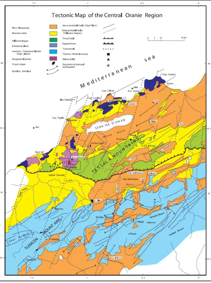Fig. 89: Carte géologique de l’Oranie centrale . La légende donne des informations sur l’âge des  formations et des structures (In Yelles-Chaouche et al ,  2004).