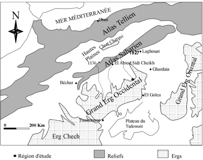 Fig. 01- Situation géographique du Grand Erg Occidental (Callot, 1988) modifiée 
