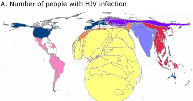 Figure 1.5 – Comparaison entre le nombre porteurs du VIH et la quantité de recherche visant à prévenir ou à traiter le VIH par pays