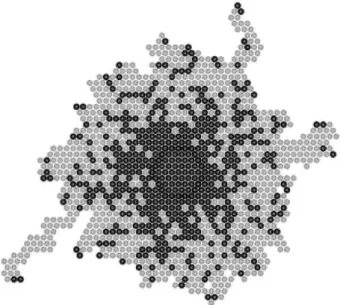Fig. 3.12 – Exemple de migration de cellules tumorales (cercles en noir fonc´e) issues d’un sph´ero¨ıde