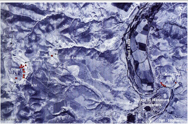 Fig1 : Situation géographique des pitons rhyolitiques et des carrières de bentonite de Hammam