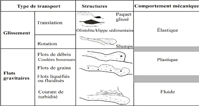 Fig. 4- Les différents types de resédimentation (in. Biju-Duval, 1999).
