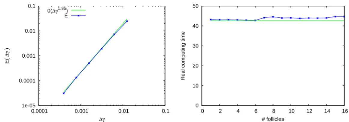Figure 1.10  Figures extraites de [ 6 ]. Test de convergence en zone G1 (à gauche), et test de scalabilité faible (à droite)