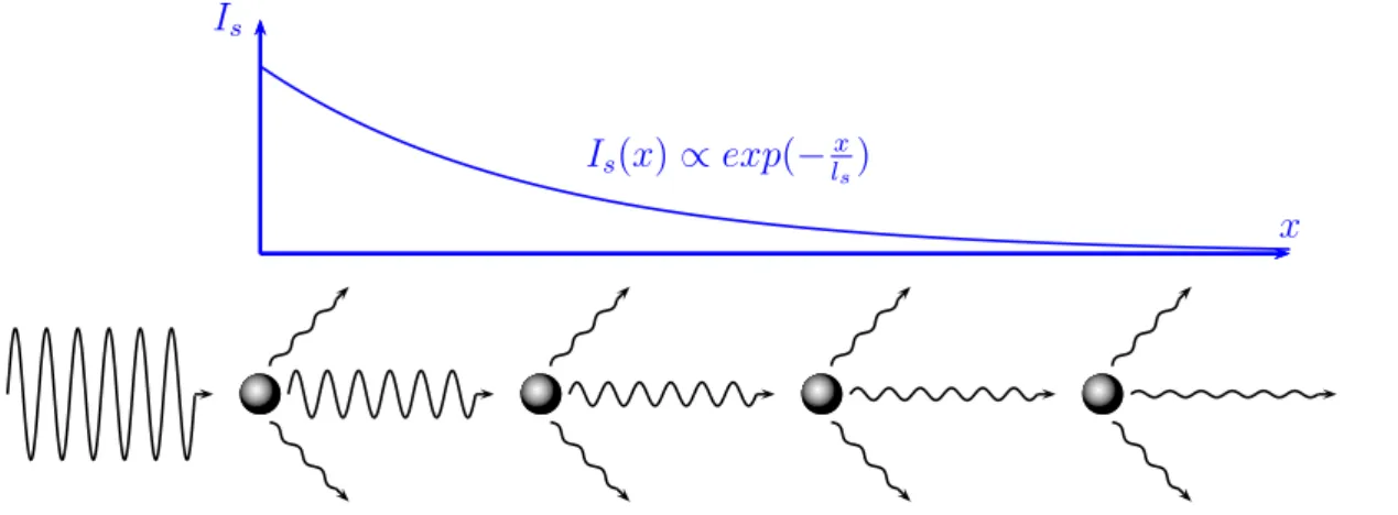 Figure 1.8: Schematic representation of light scattering: The intensity decays according to the Beer’s law.